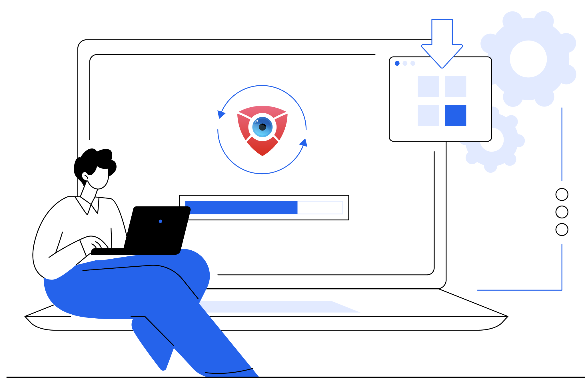 Person sitting with a laptop in front of a secure camera shield